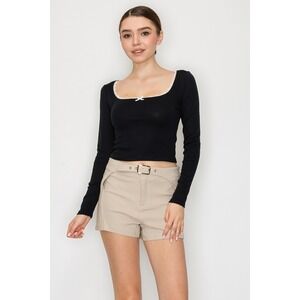 Black Long Sleeve Cropped Top Square Neck Lace Trim Bow Detail